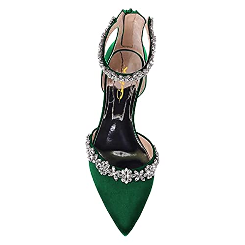 Image of XYD Women Classic Pointed Toe D'Orsay Wedding Flat Sandals Sparkly Rhinestones Ankle Strap Low Heel Dress Shoes with Zipper