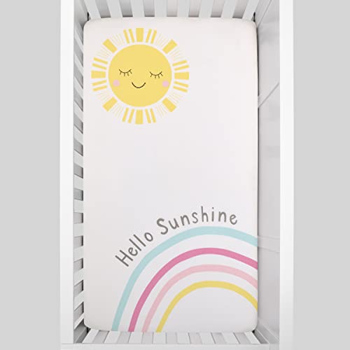 Image of NoJo Happy Days Pink, Yellow, Blue and White, Rainbows and Hello Sunshine 100% Cotton Photo Op Nursery Fitted Crib Sheet