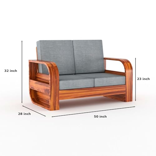 Image of Sheesham Wood 2 Seater Sofa Set with 40 Density Cushion for Living Room Home Office Solid Wood Sofa Set Furniture Wooden Two Seater Sofa Set (Natural,Grey)
