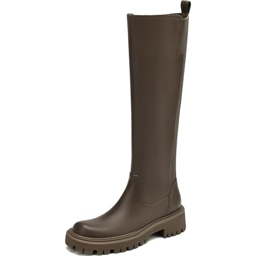 Image of TEAIEU Knee High Boots for Women, Platform Chunky Block Low Heel Tall Boots, Round Toe Side Zipper Fall Long Boots for Dress, Stretch Calf, Comfortable