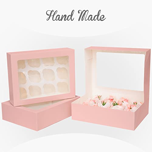 Image of Bakepacker Auto-pop Up Cupcake Boxes with Window Pink 40PCS 12 Count Cupcake Box 13 inchx10 inchx3.5 inch Cupcakes Carrier, 12 Cupcake Containers with 2 rolls of pink ribbons