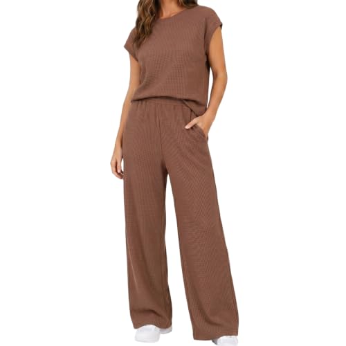 oncharm 2 Piece Sets for Women, Summer 2026 Waffle Knit Sets for Vacation,Travel,Work,Sleeveless Top & Wide Leg Pants with Side Pockets