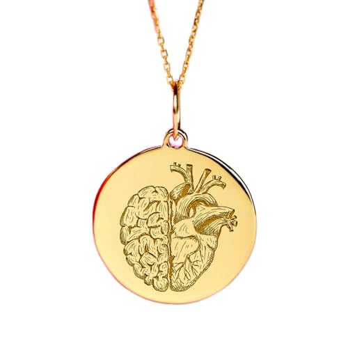 Collier pendentif pièce gravée cœur et cerveau argent sterling plaqué or bijou unisexe 45cm