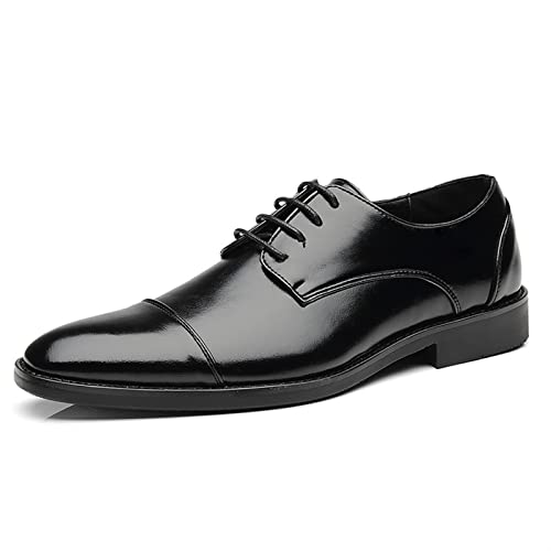 Dress Oxford Formal Shoes for Men Lace Up Cap Toe Black Burnished Toe PU Leather Anti-Slip Low Top Resistant Non Slip Block Heel Wedding(Black,10 M US)
