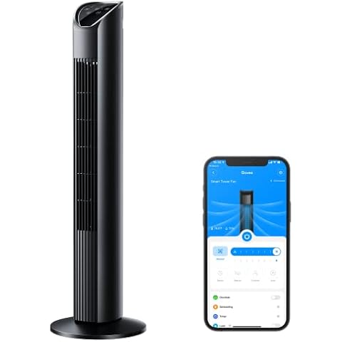 Govee WiFi Turmventilator Säulenventilator, 75° oszillierender Standventilator mit Alexa und Google Assistant, 8 Geschwindigkeiten, 3 Lüftungs-Modi, APP Steuerung, 24H Timer, leise Schwarz 97cm Cover