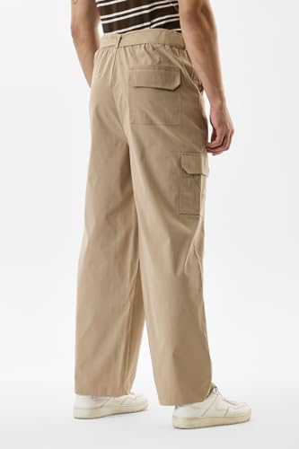 Image of SNITCH Men Cargo Pants | Relaxed Fit Wide-Leg Utility Wear | 100% Polyester with Herringbone Texture & Multiple Utility Pockets | Durable Design for Casual & Everyday Wear