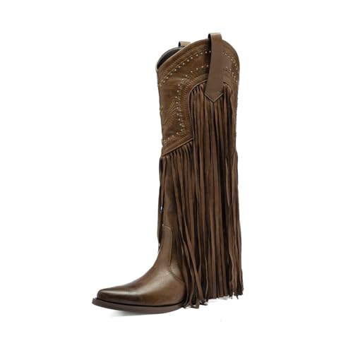Tsrenlmln Western Bootsfor women Fashion Pointed ToeChunky Heel EmbroideredPull-On Knee High Fringe