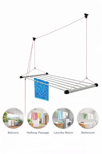 Image of Purnima Marketing PM Heavy Duty Stainless Steel (6 Pipe X 5 Feet) ECODRY Model with UV Protected Nylon Rope Ceiling Cloth Dryer | Cloth Drying Stand for Balcony | Clothes Stand for Drying