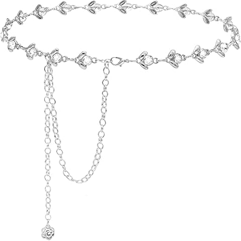 KharmLaddy Women Rhinestones Metal Waist Chain Belt Crystal Belts for Dresses Single Row Silver 135 CM Cover