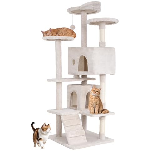 BestOffice 54 Inch Cat Tree, Multi-Level Cat Tower with Condo, Perches, Sisal Scratching Posts, Climbing Ladder,Indoor Activity Center Play House for Kittens & Adult Cats, Beige