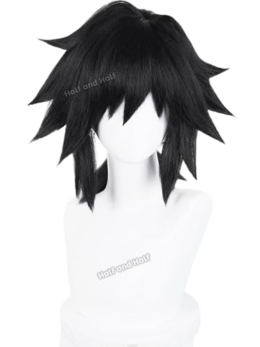 Image of Half and Half Giyuu Cosplay Wig Long Black Low Ponytail Anime Wig with Bangs Giyuu Tomioka Costume Wigs Black Warrior Acrylic Fiber Hair Wig for Women Men Halloween Party