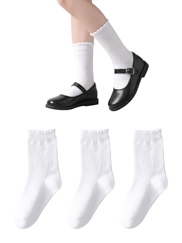 Girls Ruffle Socks White Dressy Socks 12-15 ping bow 3p School Uniform Sock Heart Bow Design For Girl