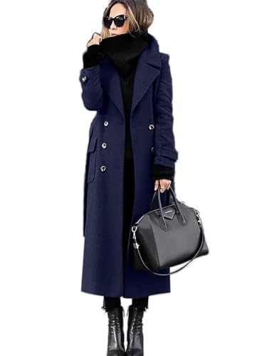 Godoboo Damen Wollmantel mit Umlegekragen Lang Damen Trenchcoat Zweireiher mit Gürtel Damen Frühling Jacke Winddichte Slim Fit Einfarbig Midimantel