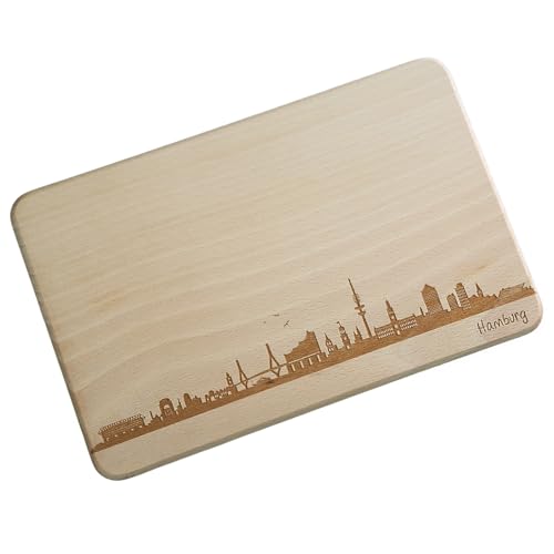 Brotzeitbrett Hamburg Skyline – Frühstücksbrett aus Buchenholz 22×14 cm – graviertes Holzbrett als Hamburg Souvenir – Frühstücksbrettchen ohne Personalisierung