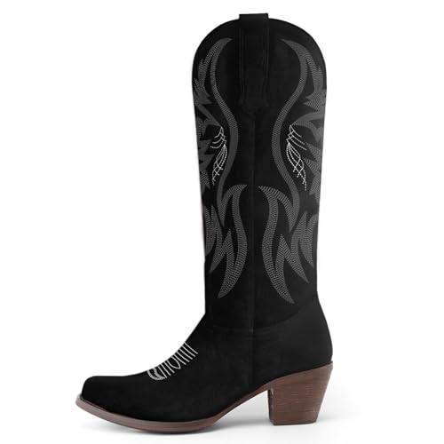 Image of KaroNairy Women Cowboy Boots Faux Suede Embroidered Pointed Thick Heeled Western Wide Calf Cowgirl Ponited Toe Mid Calf Boots