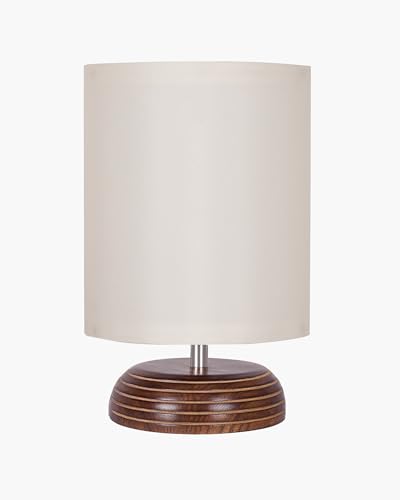 Image of Homesake Wooden Base Table Lamp with Fabric Drum Shade Aara | Warm Ambient Bedside Lamp for Bedroom, Living Room, Study, Office, Modern Classic Night Lamp Home Decor, (KD Off-White)