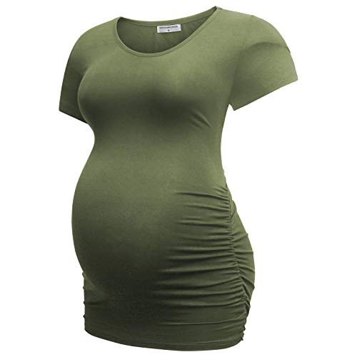 Bearsland HR085BLKLTGRAYAMGREENM Womens Maternity Tshirt 3 Packs Classic Side Ruched Tee Top Mama Pregnancy Clothes,Black+Lightgray+Armygreen,M thumb #4