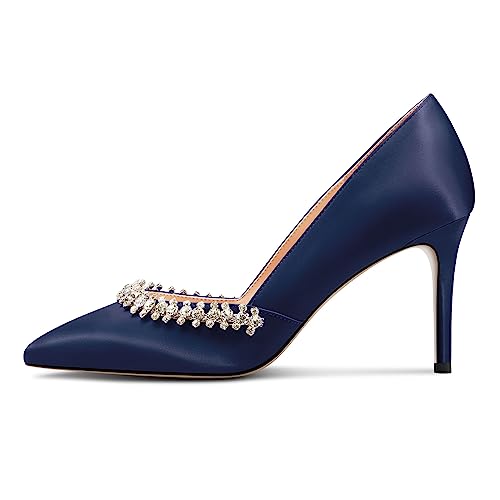 DearOnly Womens Mid Stiletto Heel Close Pointed Toe Slip-on Pumps Glitter Rhinestone Crystal Wedding Prom Shoes 3.2 Inches Heels2