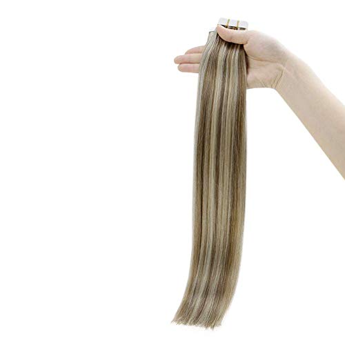 Tape Human Hair Extensions 16 Inches Color 8P60 (Cinnamon Brown Highlighted with Platinum Blonde) 50g,2.5g Per Piece,20Pcs