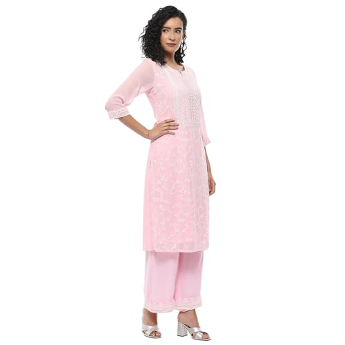 Image of Rangriti Pink Embroidered Straight Kurta for Women