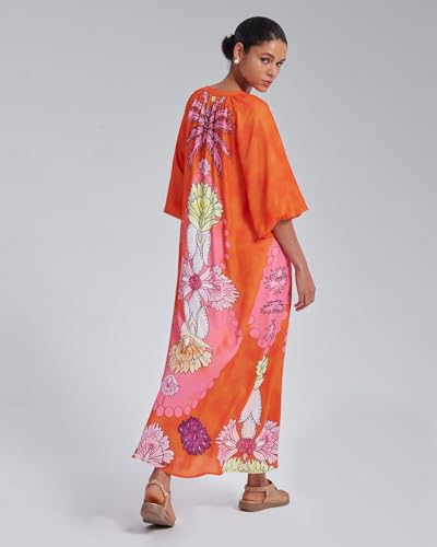 ADOR Womens Boho Chiffon Summer Dresses V Neck 3/4 Sleeve Long Flowy Floral Print Beach Vacation Elegant Party Maxi Dress3