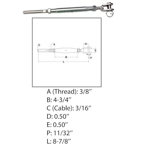 Marine 3/16" Cable Jaw and Swage Stud Turnbuckle 3/8" Thread Stainless Steel miniatura 2