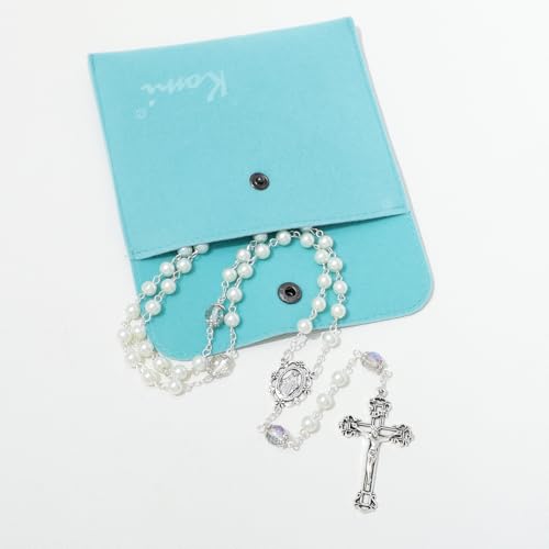 komi 6 mm pearl rosary beads with crucifix catholic necklace for women with velvet bag or rosary box