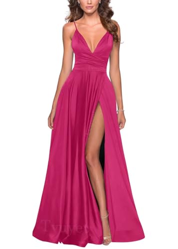 Image of Tvuyet Satin Bridesmaid Dresses with Slit Pleated A Line Spaghetti Straps Formal Prom Evening Gowns