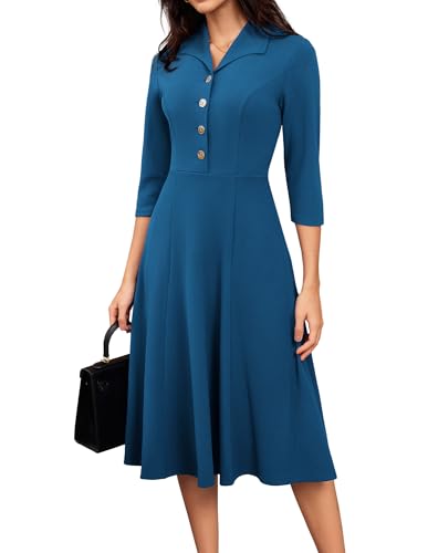GRACE KARIN Damen Business Kleid Elegant 3/4 Ärmel A-Linien Kleid mit Umlegekragen Marine Blau XL