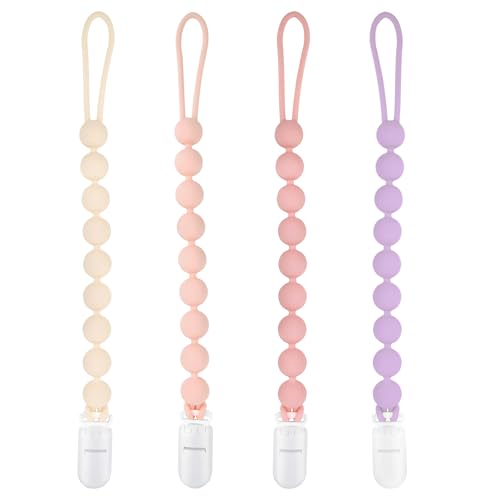 Image of MINMUNJIU Pacifier Clips Baby Girl, 4 Pack One Piece Flexible Soft Binky Clips Silicone Pacifier Holder Clip for Girls, Baby Girl Newborn Essentials