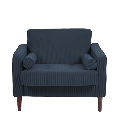Image of Accent Chair, Corduroy Upholstered Arm Chairs for Living Room, Comfy Armchair Mid-Century Track Armrest Single Sofa Bedroom Reading Seat with 2 Bolster Pillows - Navy Blue, Set of 2