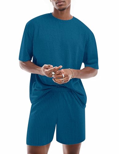 Image of Ekouaer Mens Lounge Set Ribbed Knit Pajamas Set 2 Piece Short Set Outfits Sweatsuit Summer Soft Sleepwear Loungewear