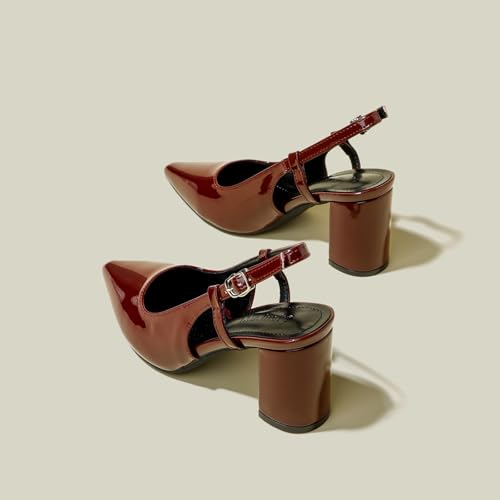 Women's High Heels Pointed Toe, Thick Heel Closed Buckle, Mid-Heeled Patent Leather Dress, Party Dress Shoes Office Work High Heel Pump Shoes2