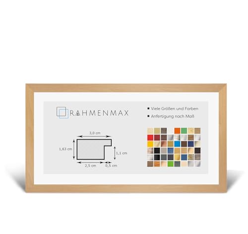 RahmenMax® Morena Bilderrahmen Holz 40x100 cm zum Aufhängen/Bilderrahmen Maßanfertigung möglich/MDF Posterrahmen/Bilder Rahmen in Buche Dekor mit 1mm klarem Acrylglas/Puzzle Rahmen