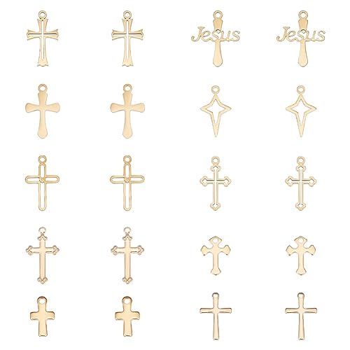 UNICRAFTALE 20Pcs 10 Style Cross Pendant Charms 304 Stainless Steel Cross Earring Pendants 12~20.5mm Long Golden Metal Cross Charms Punk Star Cross Pendants for DIY Bracelet Necklace Jewelry Making