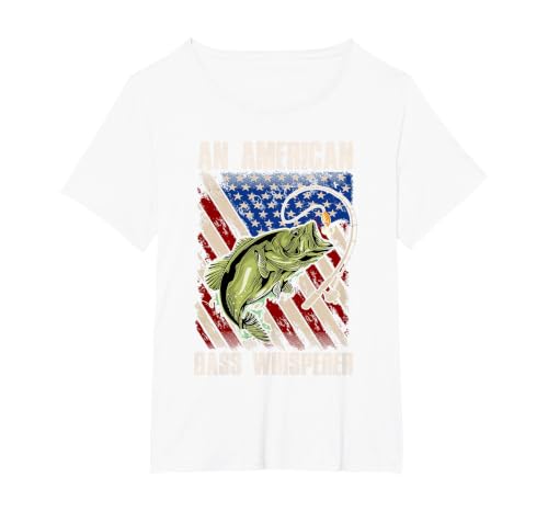 American Flag Bass Whisperer Fisherman T-Shirt, Women's Plus, White, 5X