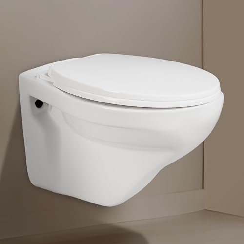 Image of Hindware Classik Wall Hung Western Commode for Bathroom | Made of Ceramic | P-230 Trap | Soft Close Feature | Star White | Oval Shape | Wall Mount Ewc | 10-Year Manufacturer Warranty