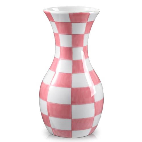 Pink and White Ceramic Vase 11" Checkered Flower Vase in Wide Mouth