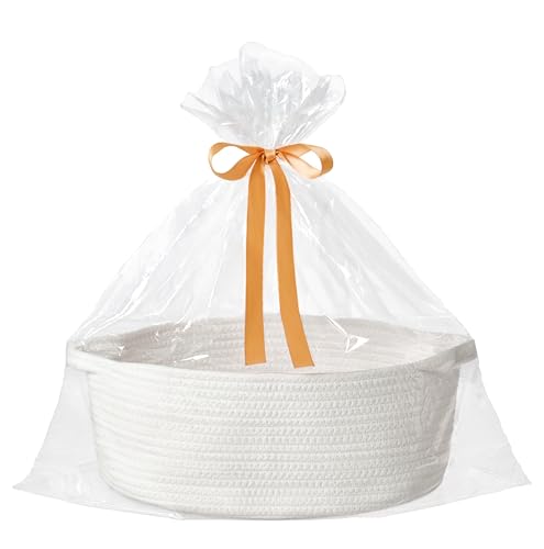 Image of Large Woven Gift Basket Empty with Bag & Ribbon, Storage Basket for Father's Day for Dad, Baby Shower, Raffle, Birthday, Cute Organizer with Handles,13.4 inchx10 inchx5.5 inch, White