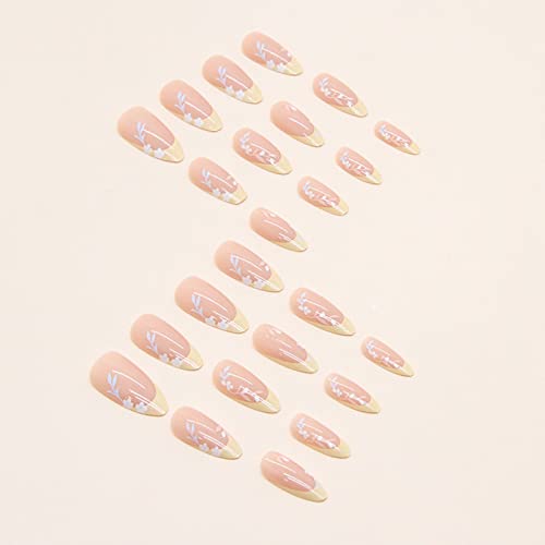French Tip Press On Nails Almond Fake Nails Yellow False Nails With Leaves Design Flower Glue On Nails Spring Summer Acrylic Nails Medium Stick On Nails Yellow Nail Tip Cute Artificial Nails 24Pcs #TOP1