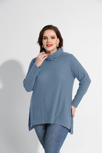 Image of RITERA Women's Plus Size Waffle Tops Long Sleeve Turtleneck Sweater Shirts Knit Tunic Oversized Casual Pullover Blouse XL-5XL