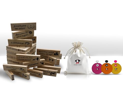 FAME CITY Kamasutra Challenge Jogo erótico de torre de madeira para adultos 48 peças com desafios sexuais