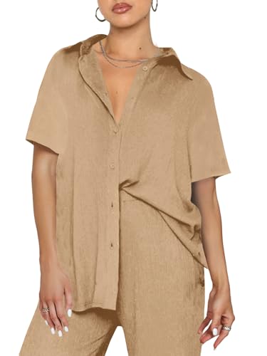 LYANER Women's 2 Piece Outfits Button Down Short Sleeve Shirt and Wide Leg Pants Set3