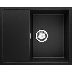 Fregadero Sobrepuesto Fregadero Cocina 62 x 50 cm, Fregadero Granito Un Seno + Sifón Clásico, Fregadero Empotrado con Escurridor Ibiza de Primagran, Negro