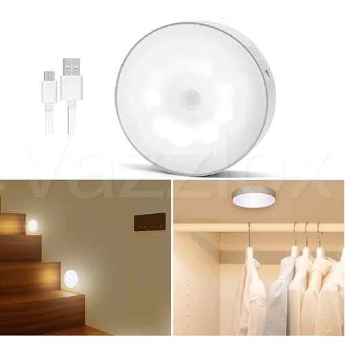 VazzLox Motion Sensor Light for Home (Pack of 1) with USB Charging Wireless Self Adhesive LED Body Induction Lamp Sensor Light for Wardrobe Lights with Sensor Night Light for Cupboard Stairs (Warm)