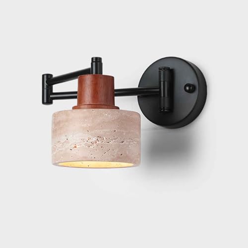MCWYH Aplique de pared nórdico simple Lámpara de pared de brazo oscilante negro con pantalla de travertino amarillo vintage - Aplique de pared de piedra natural para estudio, sala de estar, iluminació