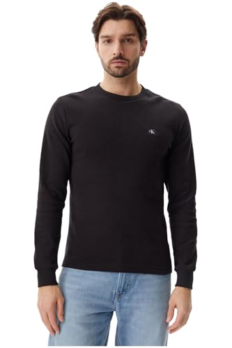 Calvin Klein Men's Woven Label Waffle Long Sleeve Tee, Black, X-Large