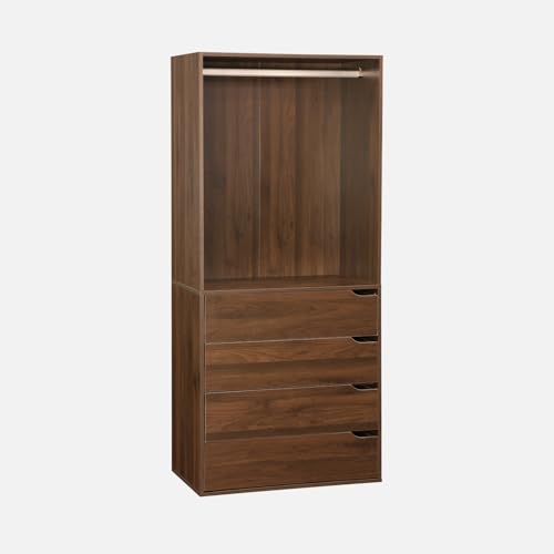sweeek - Module Dressing avec 4 tiroirs et 1 penderie Noyer. Panneaux stratifiés