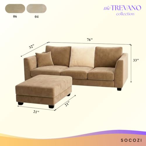 Image of SOCOZI Trevano 4 Seater L Shape Sofa Set with Movable Ottoman | Flexible Left or Right Layout | Soft Velvet Suede Fabric | Modern Design | Plush Comfort Cushions for Living Room (Beige-Cream)