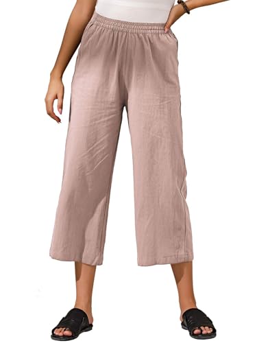 Image of ECUPPER Womens Cotton Cropped Pants Loose Fit Wide Leg Trousers | Casual, Plus Size, Elastic Waist, Capri, 100% Cotton, Slant Pockets, High Rise Waist, Lounge Pants